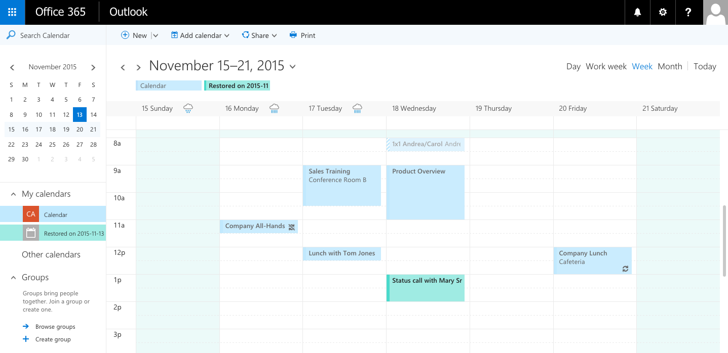 Where are restored Office 365 Calendars and Calendar Events restored to